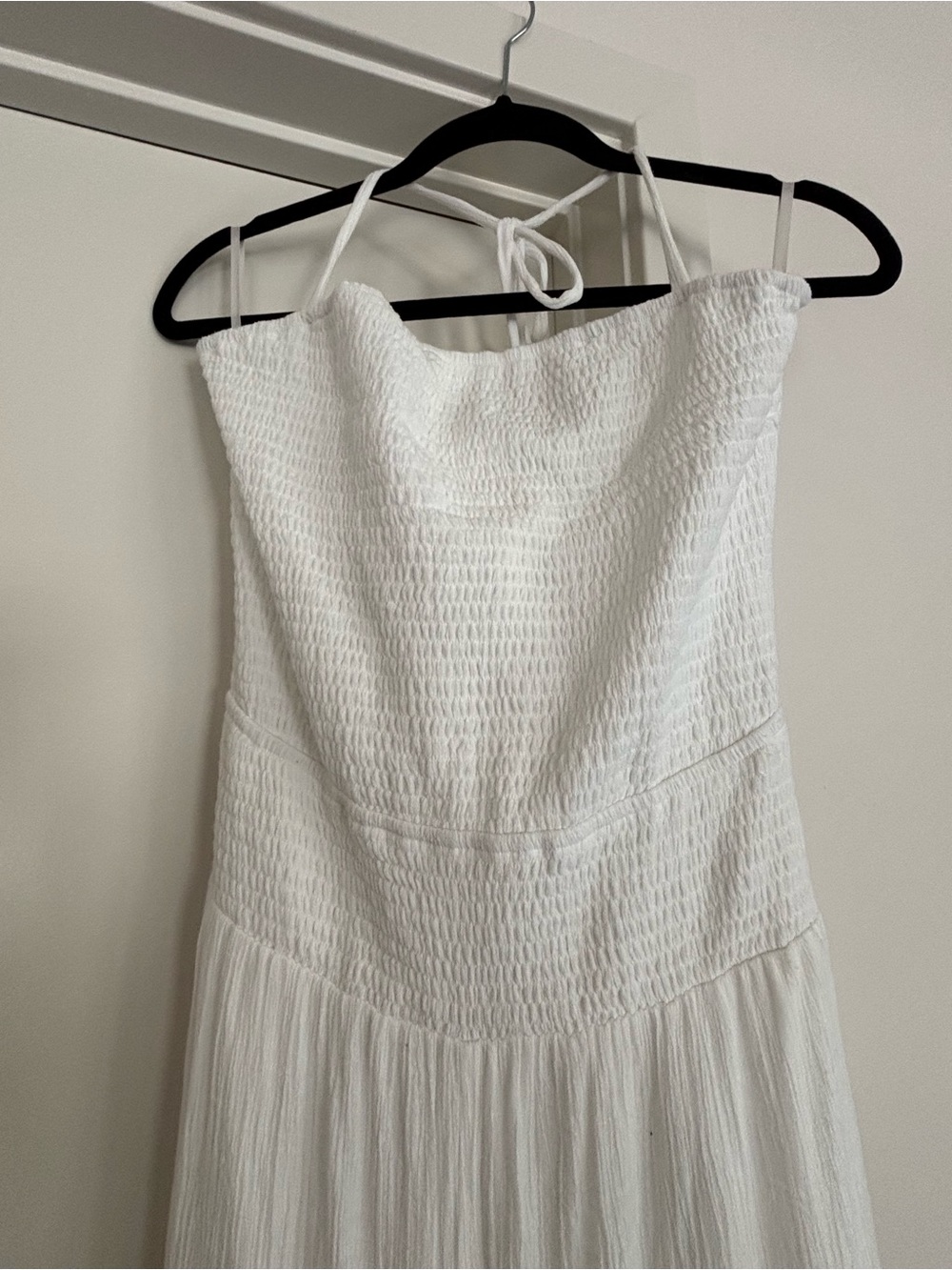 White Strapless Smocked Bodice wide leg 1 piece outfit